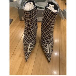 Balenciaga Beige, Navy and Silver Check Tailoring Fabric Heeled (BB) Booties M80